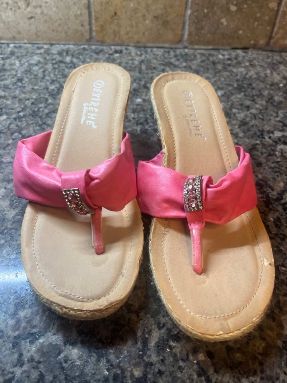 Extreme by Eddie Marc Pink Bling Thong Wedge Sandals 7